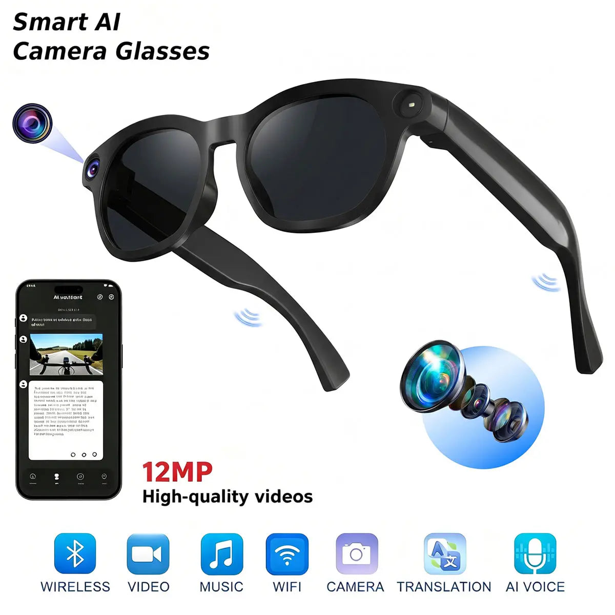 Unisex Adults Casual with Camera Smart Glasses - Ai-Enabled, 12MP HD Camera, Bluetooth Wireless Audio, Real-Time Translation, AI Assistant, Open Earmuff Design, Object Recognition, Sunglasses/Transparent Style, Lithium Ion Batteries Included, Black
