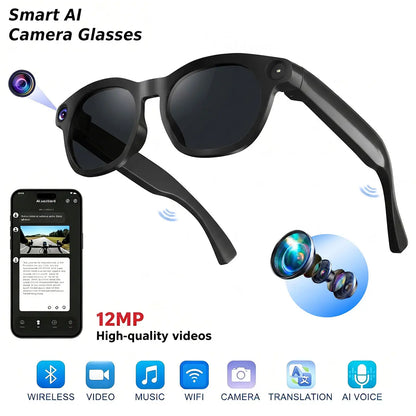 Unisex Adults Casual with Camera Smart Glasses - Ai-Enabled, 12MP HD Camera, Bluetooth Wireless Audio, Real-Time Translation, AI Assistant, Open Earmuff Design, Object Recognition, Sunglasses/Transparent Style, Lithium Ion Batteries Included, Black