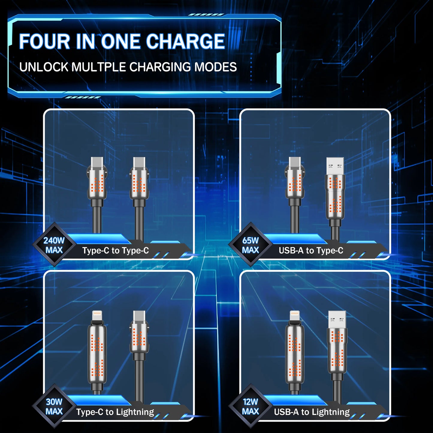 240W 4-In-1 USB-C Charging Cable - PD 5A Fast Charging, Data Sync, Usb-A/Lightning Compatibility, Aluminum Alloy & Silicone Build, Mobile Accessories for Smartphone, Iphone 16/15, Ipad, Samsung Laptop
