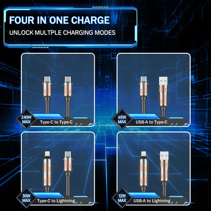 240W 4-In-1 USB-C Charging Cable - PD 5A Fast Charging, Data Sync, Usb-A/Lightning Compatibility, Aluminum Alloy & Silicone Build, Mobile Accessories for Smartphone, Iphone 16/15, Ipad, Samsung Laptop