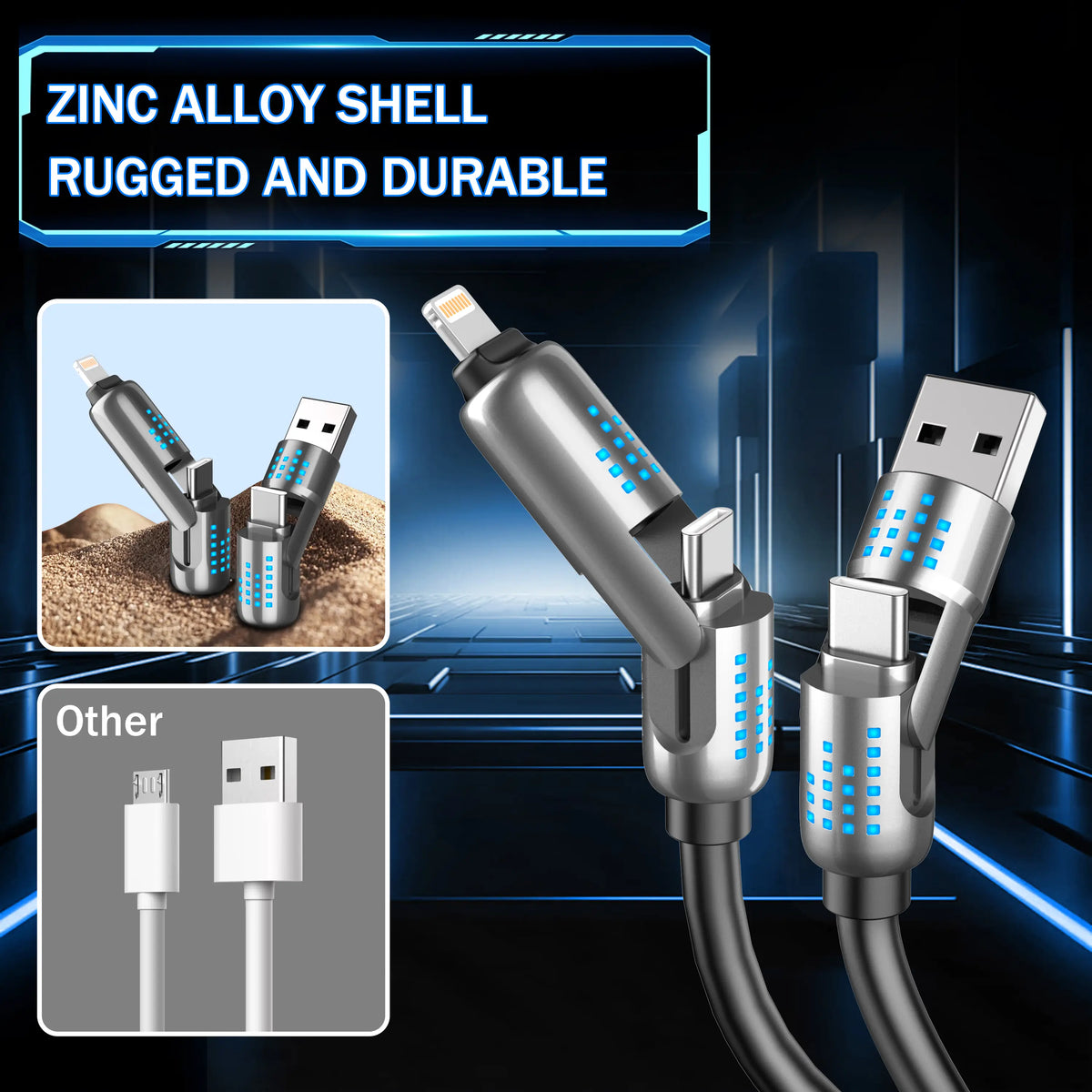 240W 4-In-1 USB-C Charging Cable - PD 5A Fast Charging, Data Sync, Usb-A/Lightning Compatibility, Aluminum Alloy & Silicone Build, Mobile Accessories for Smartphone, Iphone 16/15, Ipad, Samsung Laptop